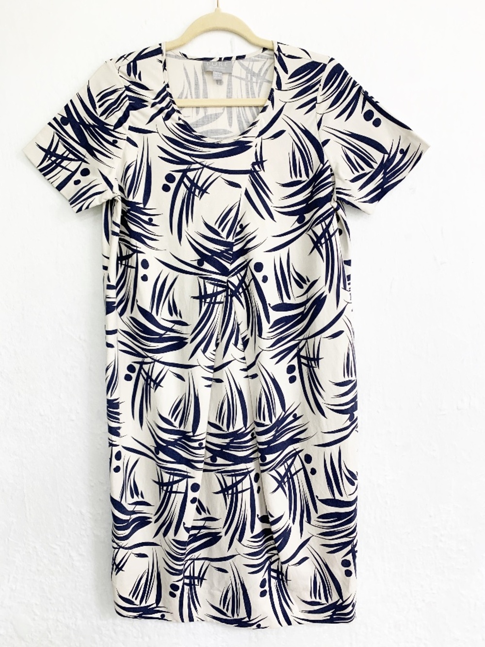 Pure Collection Silk Linen Cocoon Dress in Navy & Cream Bamboo Print Sz 4